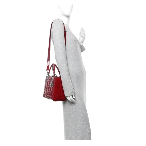 ❤️Dior Red Patent Quilted Lady Dior Satchel with Silver Hardware - Picture 4 of 17